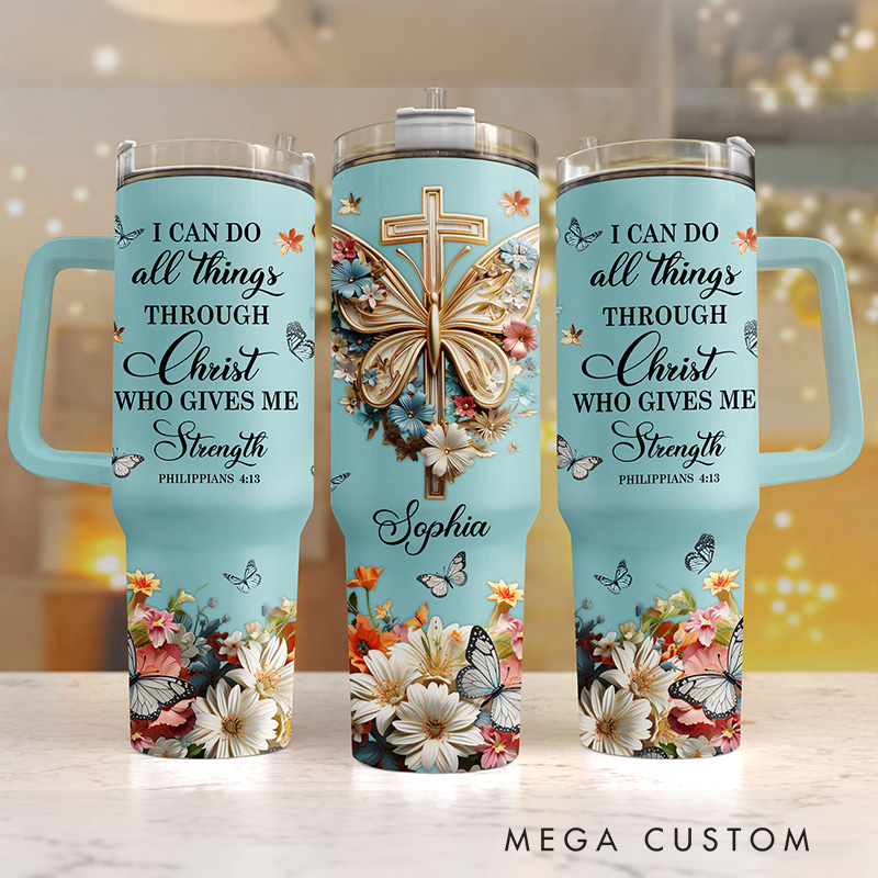 Personalized I Can Do All Things Through Christ 40oz Tumbler with Custom Name Handle and Straw Insulated Large Water Bottle Cup Religious Gift for Her