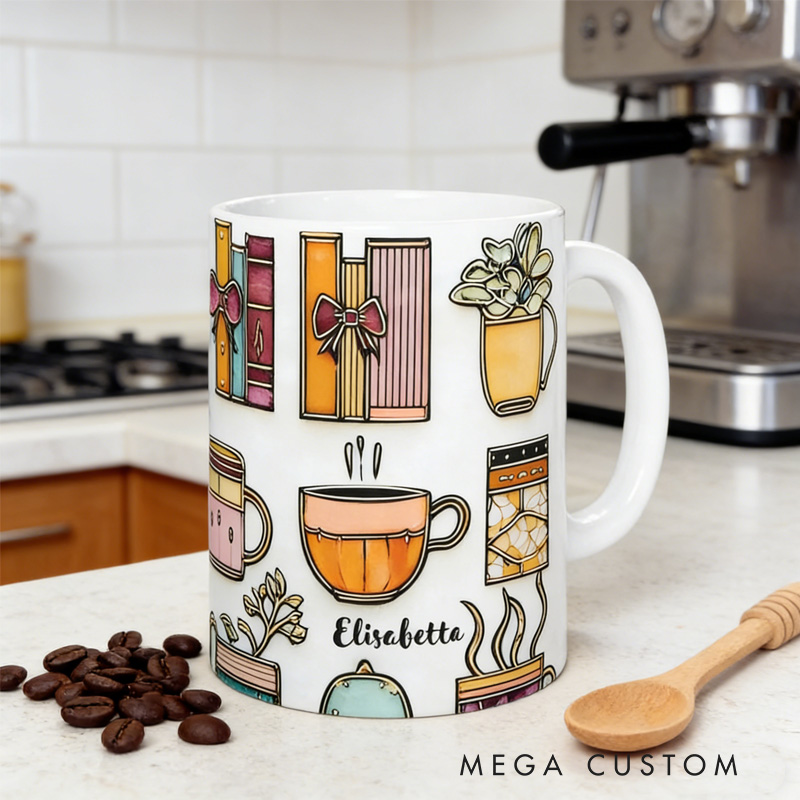 Personalized Stained-Glass Flower Book Mug Custom Floral Book Coffee Cup with Name for Bookworm Reader Book Lover Librarian Gift