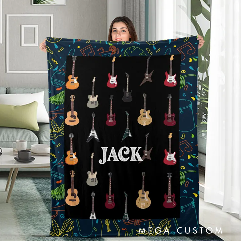 Personalized Guitar Name Blanket Fleece Sherpa Blanket with Name Electric Guitar Blanket Room Decor Cool Custom Blanket Music Lovers