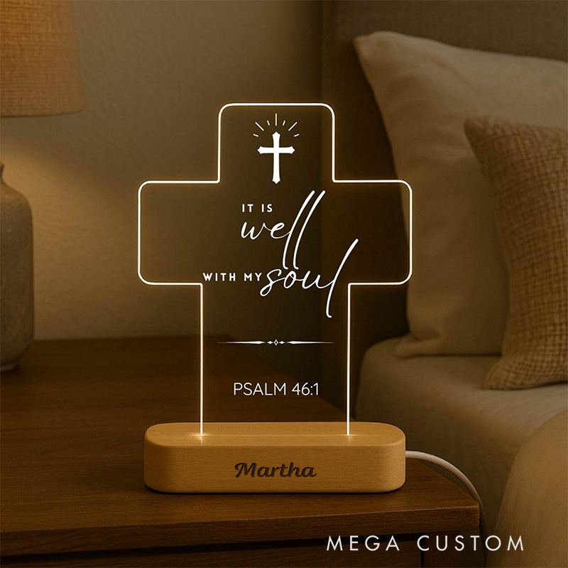 Personalized Custom Name Scripture Cross LED Night Light with Wooden Base Bedroom Decor Bible Verse Lamp Christian Gift Faith Based Gift