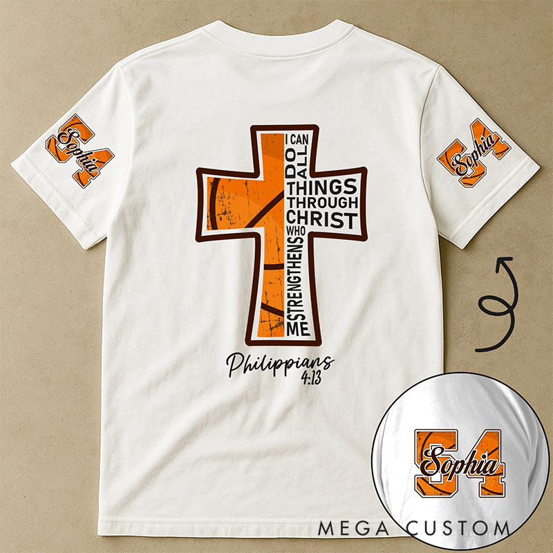 Personalized Basketball and Faith T-Shirt with Philippians 4:13 and Custom Name Christian Sports Gift Religious Gift for Basketball Lover