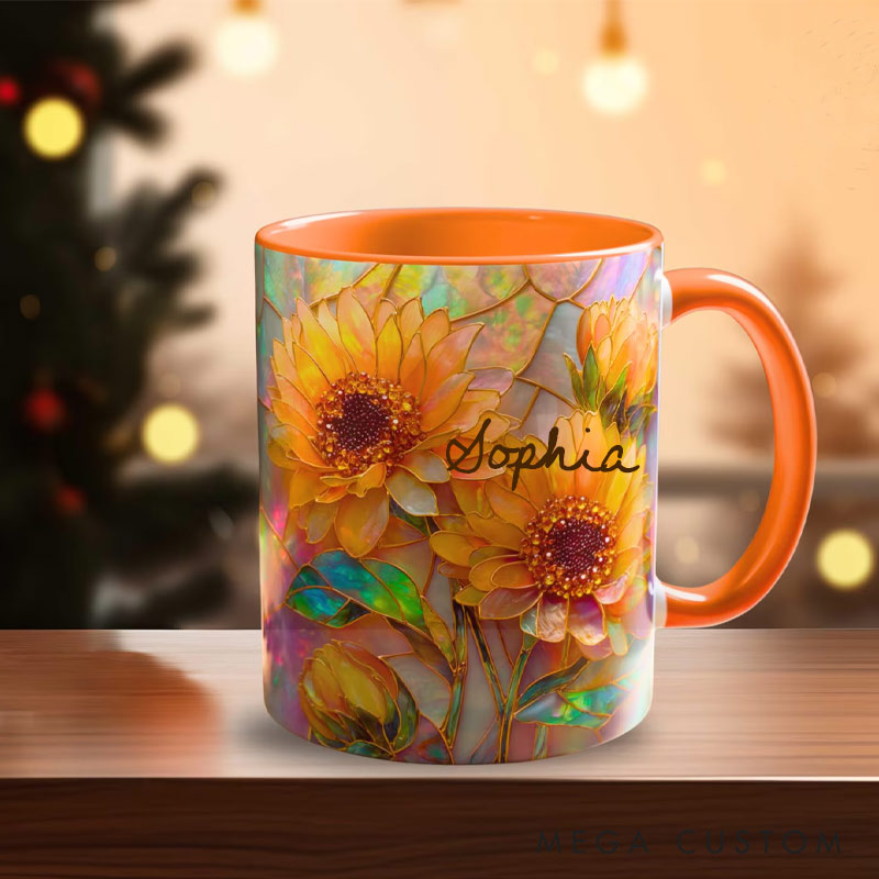 Personalized Stained Glass Sunflower Mug Floral Art Mug Custom Name for Gardening Lovers