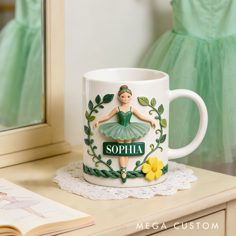 Personalized 2D Flat Green Flora Ballerina Mug Dancer Mug Ballet Dance Lover Mug Dancing Gift Coffee Mug