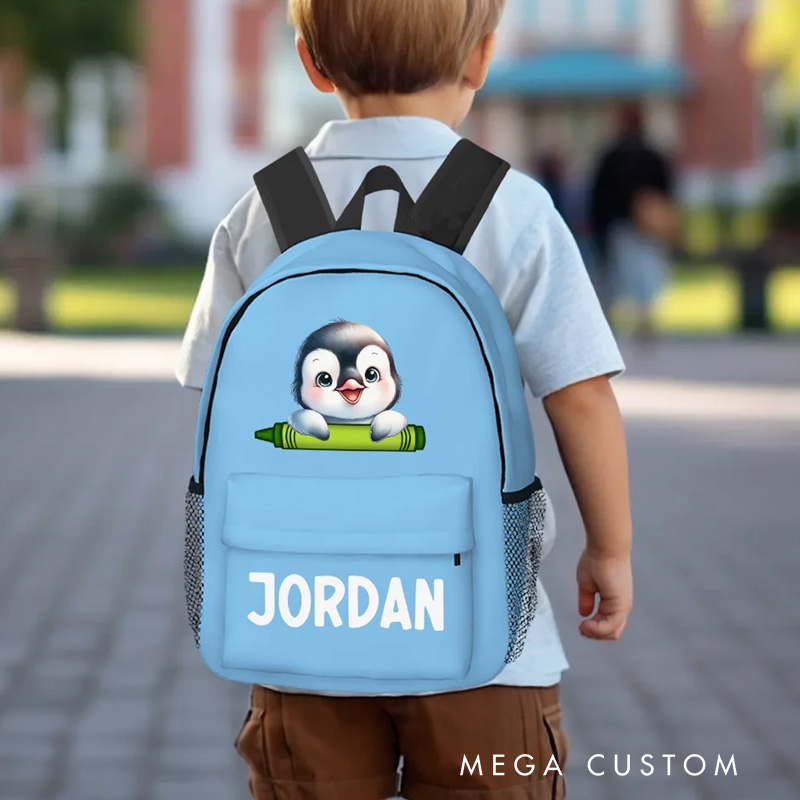 Personalized Cartoon Penguin Raccoon Animals Name Backpack with Zipper and Side Pockets Birthday Back to School Gift for Boys Girls