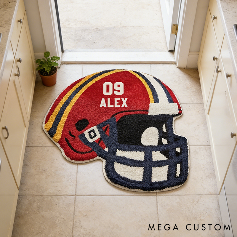 Personalize Your Football Helmet Rug with Custom Name and Number Design