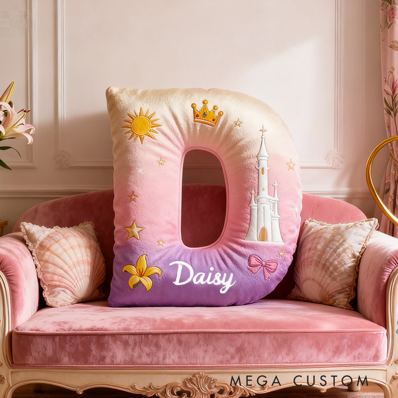 Personalized Graphic 3D Print Cartoon Tower And Love Tale Alphabet Shaped Pillow for Cartoon Lovers Initial Pillow Christmas Gift for Kids