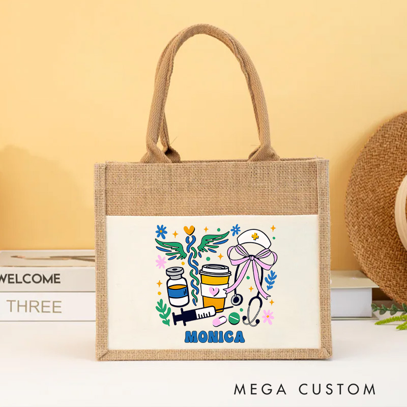 Personalised Nurse Burlap Tote Bag Nurse Essentials Design Perfect Gift for Yourself or a Loved One