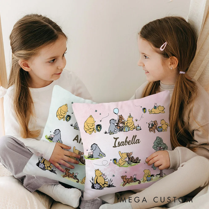 Personalized Classic Winnie the Pooh Soft Throw Pillow Cover with Name Birthday Baby Shower Gift for Newborn Boys Girls