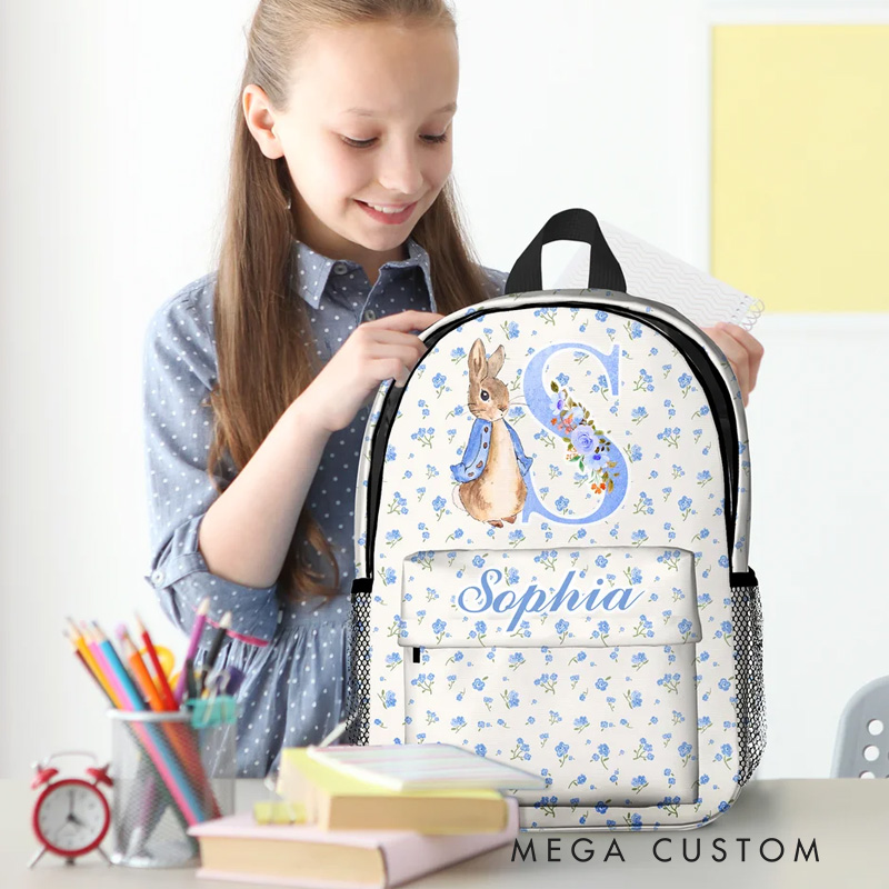 Personalized Peter Rabbit Coquette Bow Flower Initial Large Capacity School Backpack with Name Daily Travel Back to School Birthday Gift for Kids