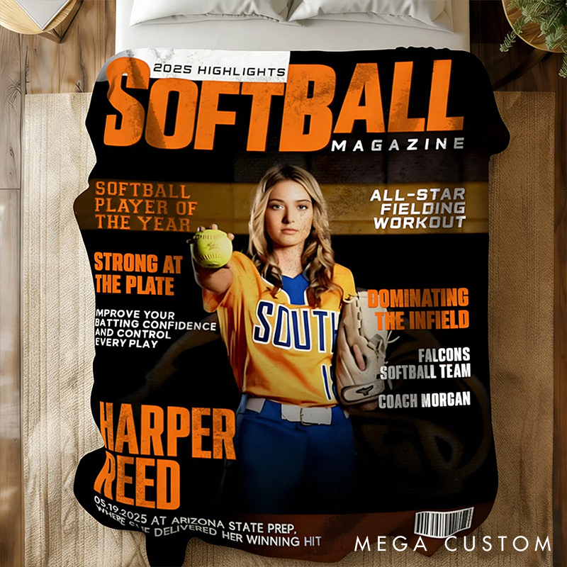 Personalize Your Softball Magazine Blanket with Custom Name and Photo Design