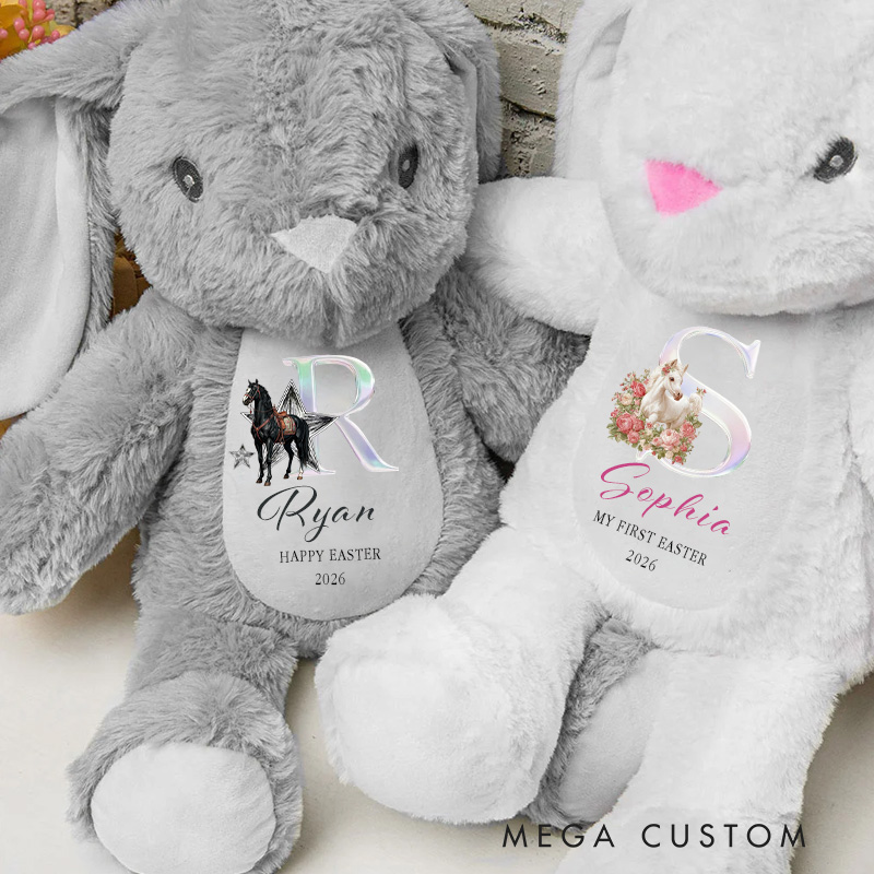 Personalized Cute Horse Flowers Rabbit Initial Soft Bunny Plush Stuffed Animal Toy with Name and Year First Easter Birthday Gift for Kids for Riding Lovers Equestrian Lovers