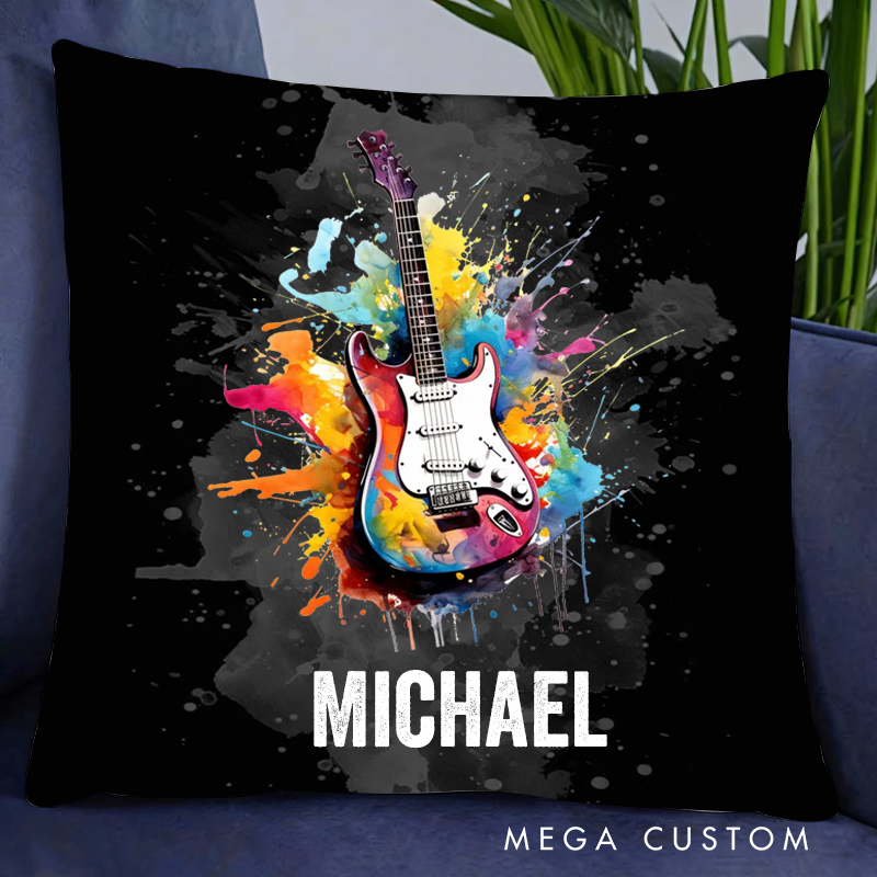 Personalized Multicolor Splash Ink Electric Guitar Pillow with Name Music Room Decor Gift for Guitar Player