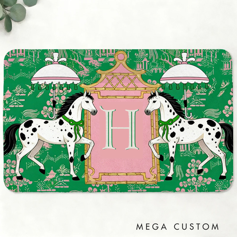Personalized Horses Pagoda Chinoiserie Non Slip Door Mat with Initial Entryway Home Decor Housewarming Gift for Family for Riding Lovers Equestrian Lovers