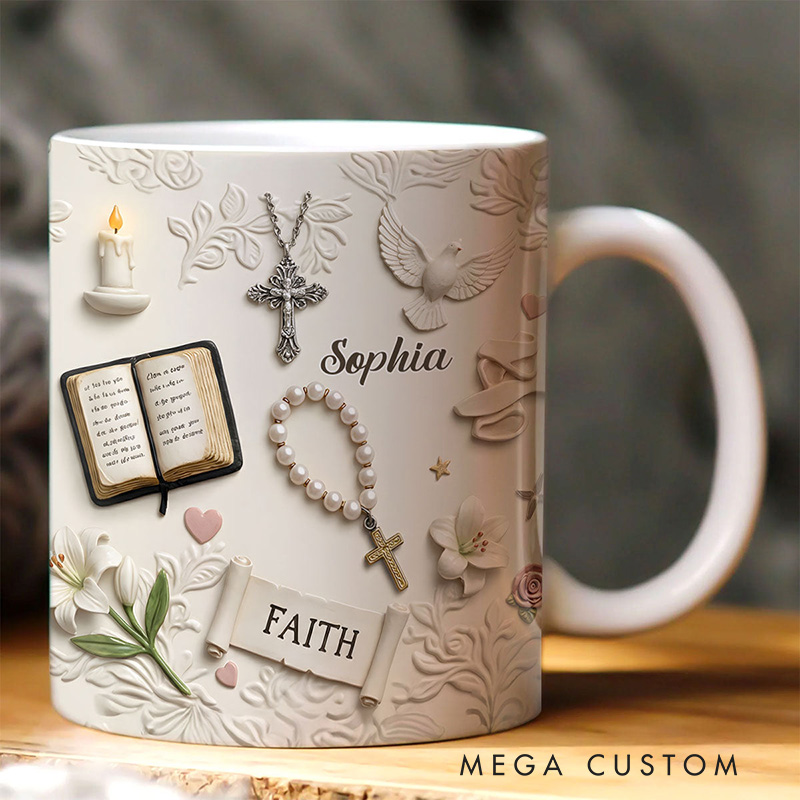 Personalized Rooted In Faith 11oz 15oz Ceramic Mug with Custom Name 3D Style Bible Rosary Cross Candles Ddoves Coffee Mug Religious Gift for Her