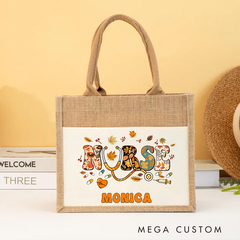 Personalised Nurse Burlap Tote Bag Autumn Nurse Vibes Design Perfect Gift for Yourself or a Loved One