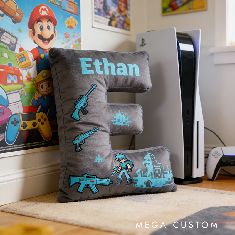 Personalized Gamer's Battle Zone Alphabet Shaped Pillow for Game Lovers Initial Pillow Christmas Gift for Kids