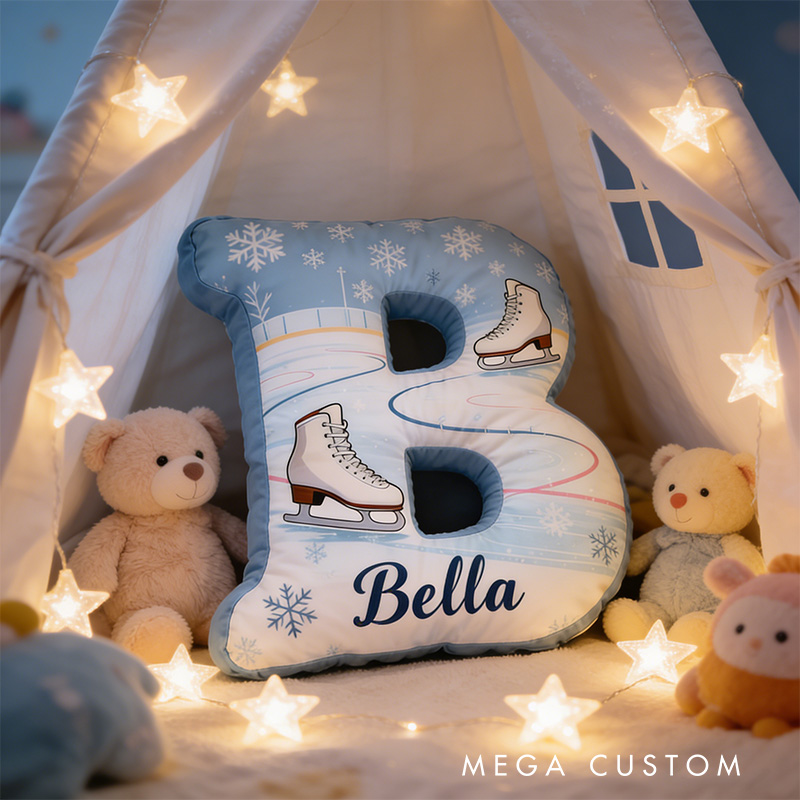 Personalized Winter Skates Alphabet Shaped Pillow for Ice Skate Lovers Initial Pillow Christmas Gift for Kids