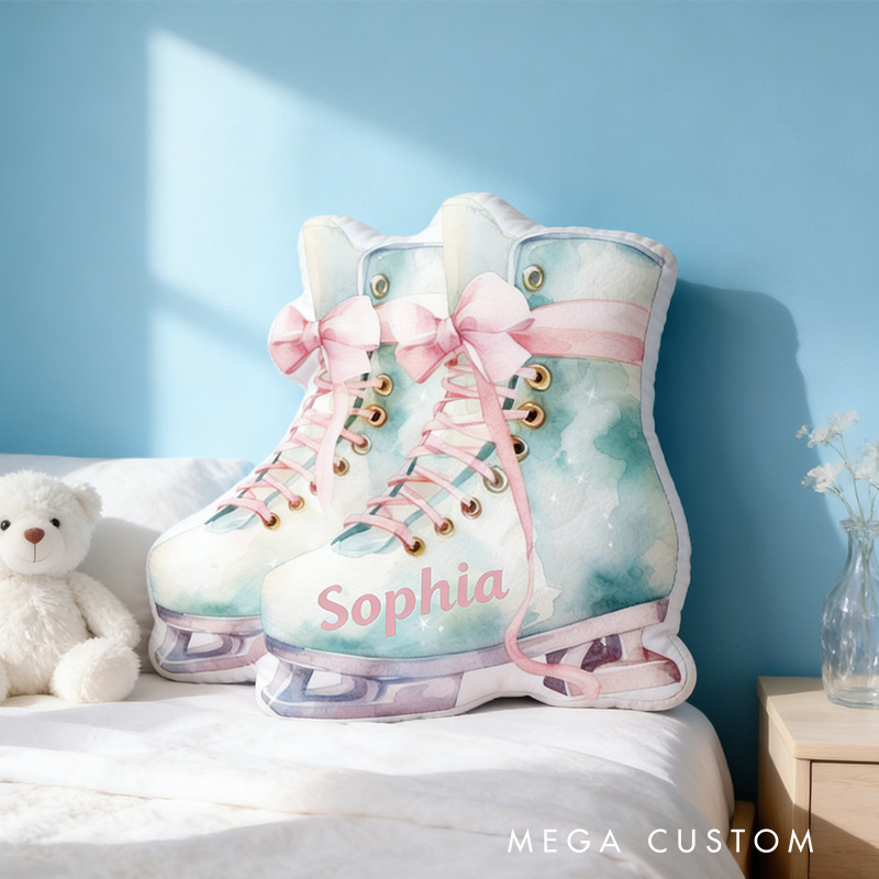 Personalized Water Color Mint Ice Skates Shaped Pillow for Ice Skate Lovers Pillow Christmas Gift for Kids