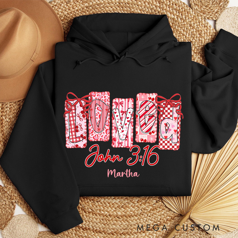 Personalized Loved John 3:16 Classic Hoodies with Name Retro Bible Verse Hoodies Religious Gift Valentines Day Gift for Girls