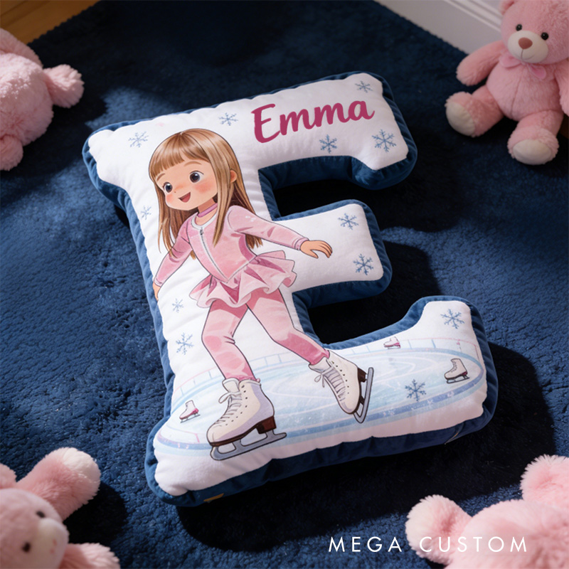 Personalized Graceful Cartoon Skater Ice Skating Alphabet Shaped Pillow for Ice Skate Lovers Initial Pillow Christmas Gift for Kids