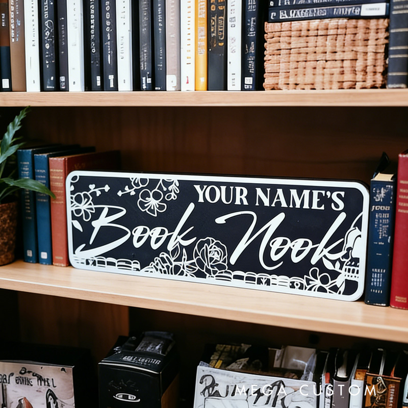 Personalized Floral Bookish Library Sign 3D Printed Book Nook Decor with Name Bookshelf Shelf Sitter Book Lover Gift for Bookish Bookworm Reader