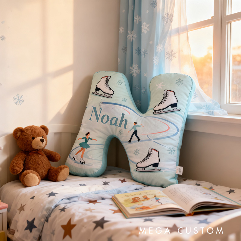 Personalized Winter Fun Ice Skating Alphabet Shaped Pillow for Ice Skate Lovers Initial Pillow Christmas Gift for Kids