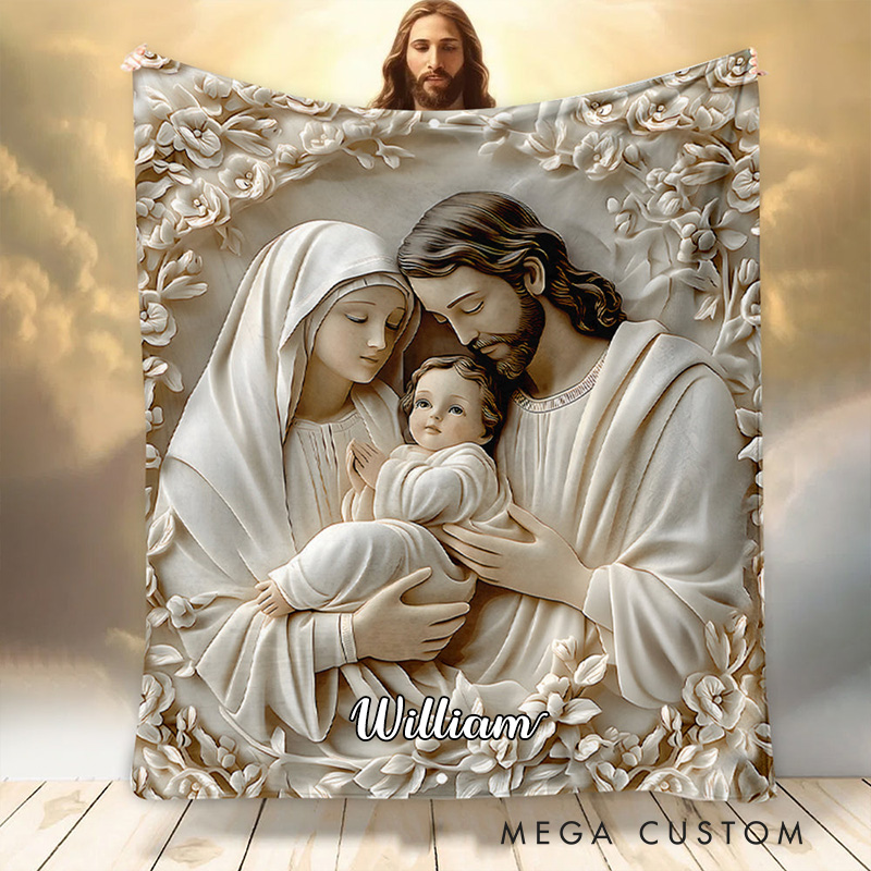 Personalized The Holy Family Soft Throw Blanket with Custom Name Graphic 3D Print Blanket Religious Christian Gift