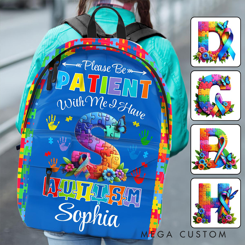 Personalized Colorful Autism Awareness Theme Custom Name Puzzle Heart Pattern Kids Backpack