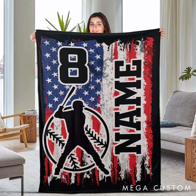 Personalized Baseball Blanket with Custom Name Number and Patriotic Design