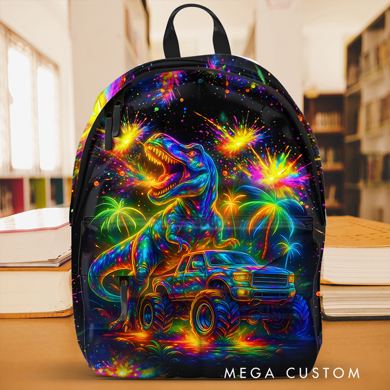 Personalized Unique T Rex Theme Custom Name Colorful Galaxy Adventure Kids School Backpack