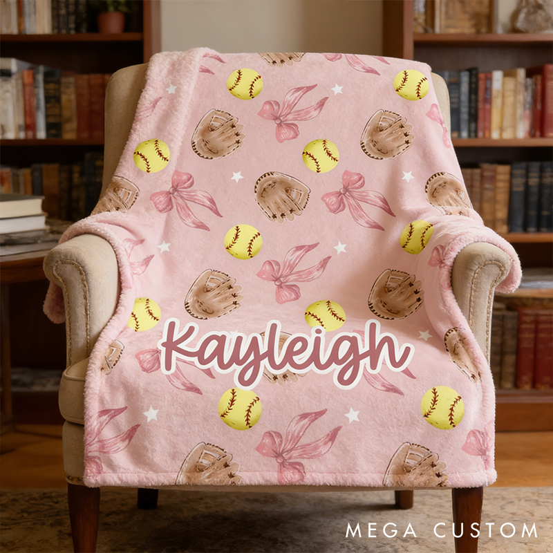 Personalized Softball Blanket with Custom Name and Cute Pink Design