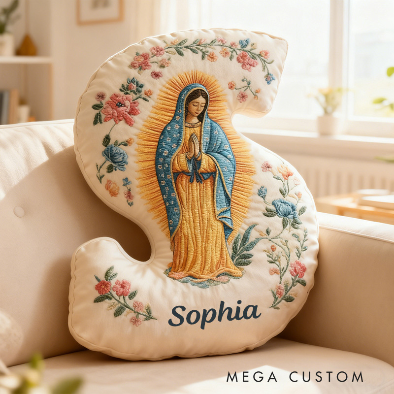 Personalized Virgen de Guadalupe Letter Pillow with Custom Name Religious Home Decor Catholic Gift for Her Blessed Mother Gift Floral Graphic 3D Print