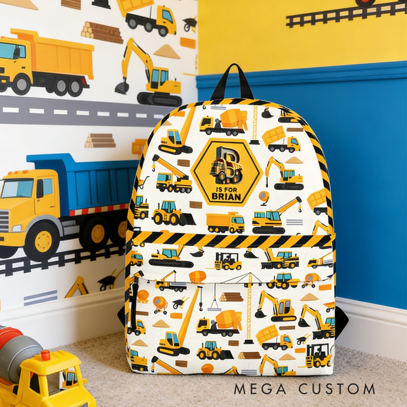 Personalized Construction Vehicles Truck Letter Kid Backpack Birthday Gift for Kids
