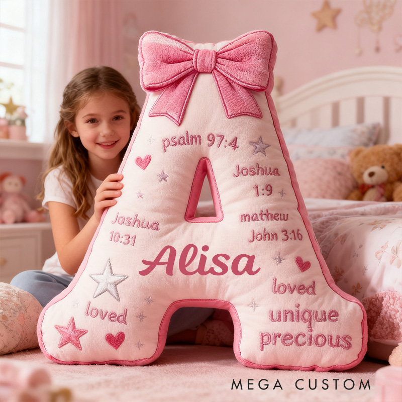 Personalized Pink Coquette Bow Bible Verses Letter Pillow with Custom Name Kid Room Decor Religious Gift for Kids Christian Quotes Graphic 3D Print