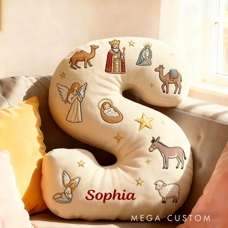 Personalized Christmas Nativity Ccene Letter Pillow with Custom Name Hoom Decor Christian Gift Baby Jesus Angel Shepherd Camel Donkey Graphic 3D Print
