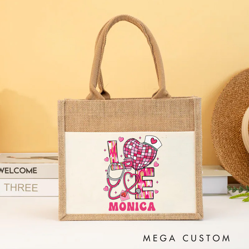 Personalised Nurse Burlap Tote Bag Love for Nursing Perfect Gift for Yourself or a Loved One