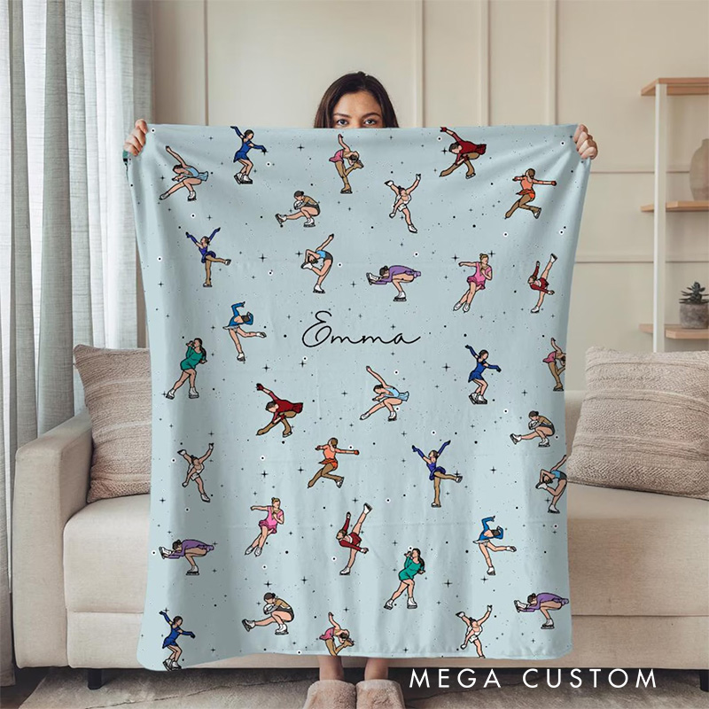 Personalized Ice Skates Pattern Blanket Flannel Blanket Figure Skater Blanket with Name for Ice Skating Lovers Birthday Gift for Girls