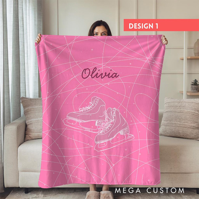 Personalized Ice Skates Line Art Blanket Flannel Blanket Figure Skater Blanket with Name for Ice Skating Lovers Birthday Gift for Girls