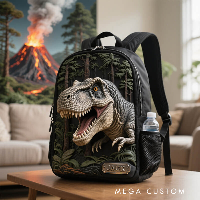Personalized Cool Dinosaur Theme Custom Name Realistic T Rex Jungle Adventure Kids Backpack