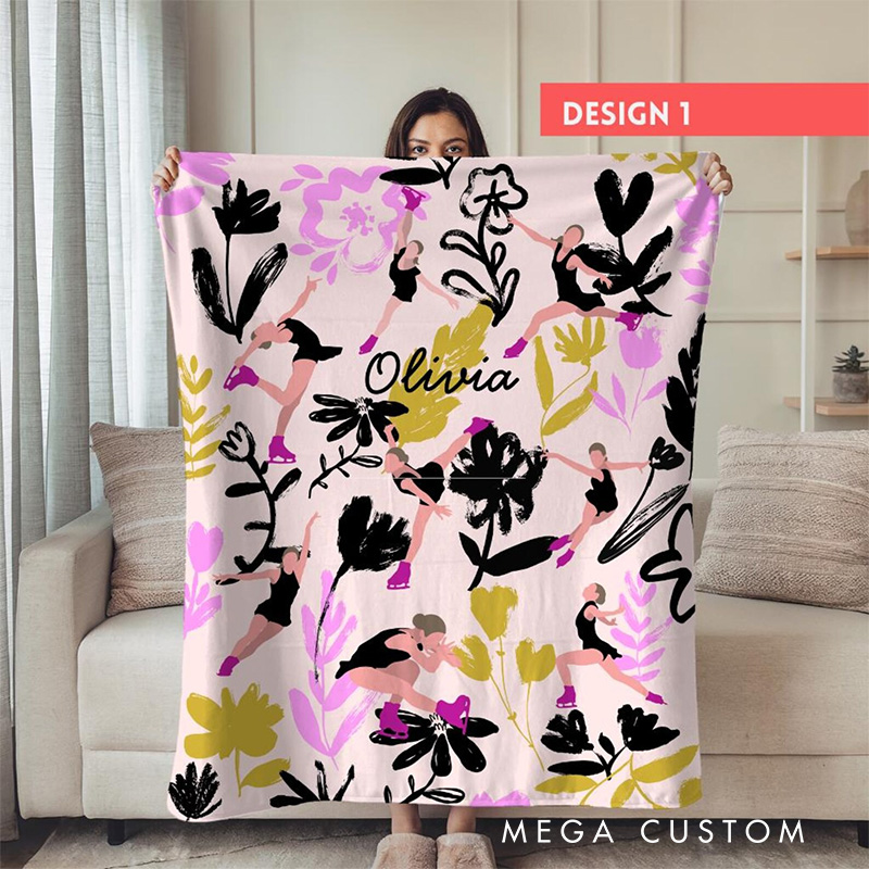 Personalized Flora Ice Skates Blanket Flannel Blanket Figure Skater Blanket with Name for Ice Skating Lovers Birthday Gift for Girls