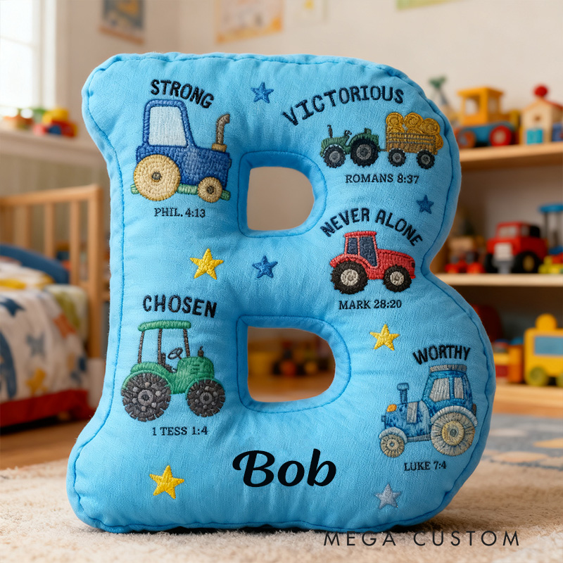 Personalized God Says I am Bible Verse Tractors Letter Pillow with Custom Name Kids Room Decor Religious Gift for Boys Scripture Baptism Gift 3D Print