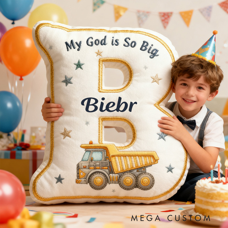 Personalized My God is so Big Excavator Letter Pillow with Custom Name Kid Room Decor Religious Gift for Kids Christian Quotes Gift Graphic 3D Print