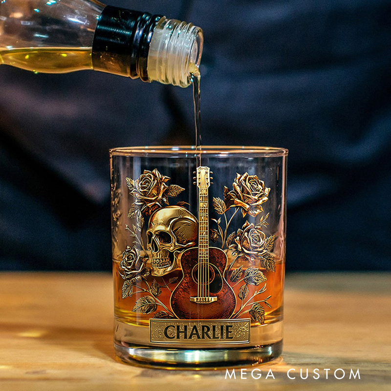 Personalized Name Guitar Skull & Roses Whiskey Glass for Music Lover