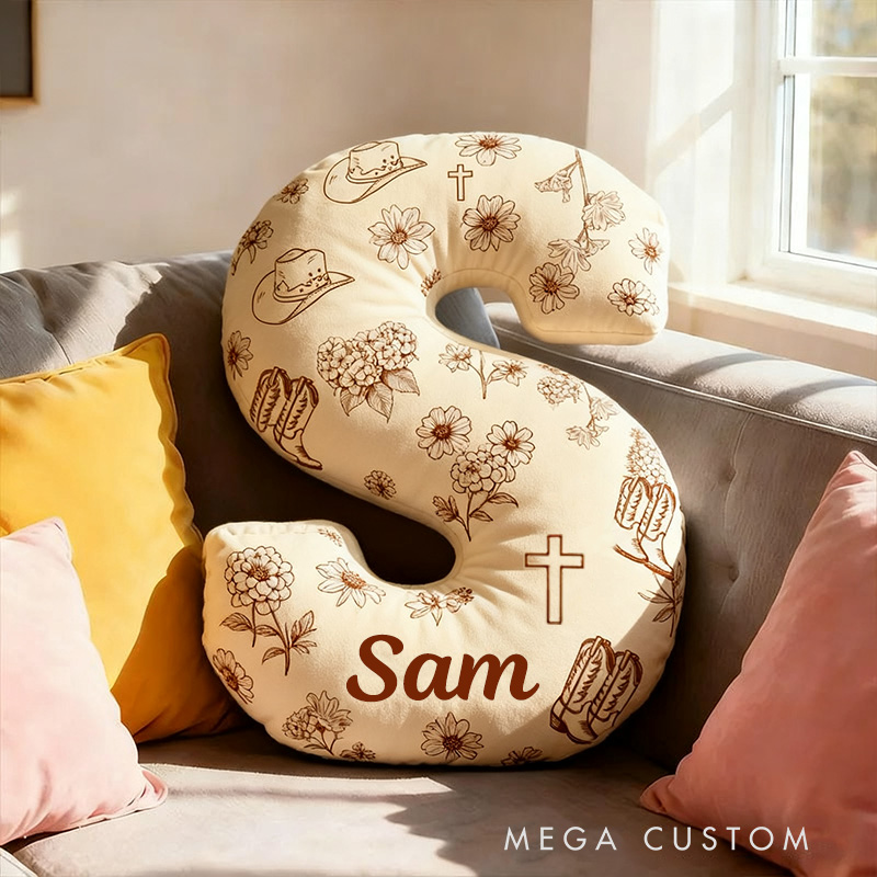 Personalized Rustic Cross Letter Pillow with Custom Name Home Decor Vintage Cowboy Hat Boot Flower Pillow Religious Christian Gift