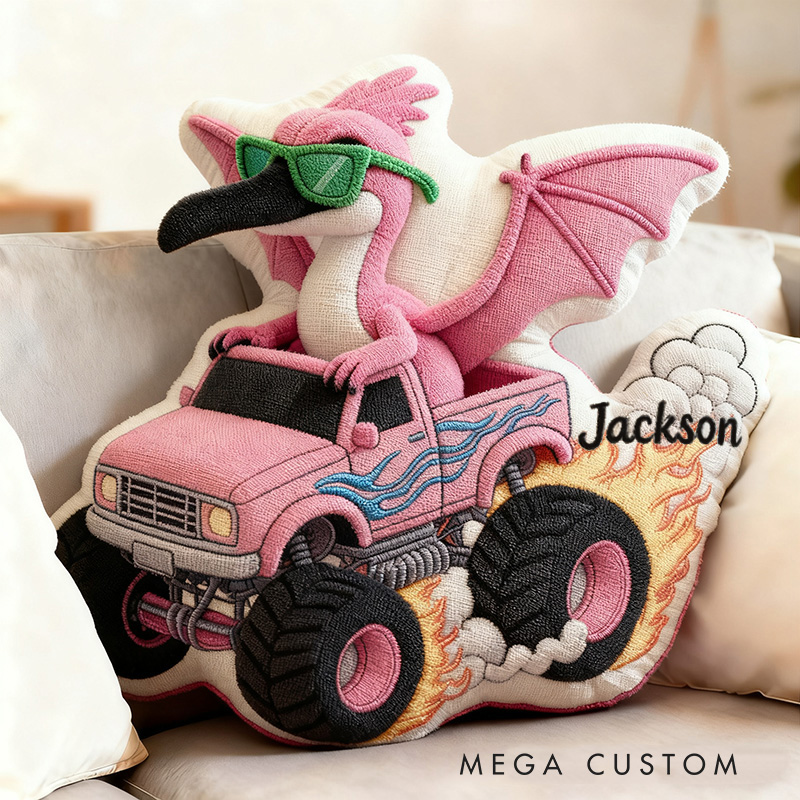 Personalized Cool Dinosaur Driving Monster Truck Custom Name Fun Boys Room Decoration Unique Adventure Style Plush  Graphic 3D Print Pillow