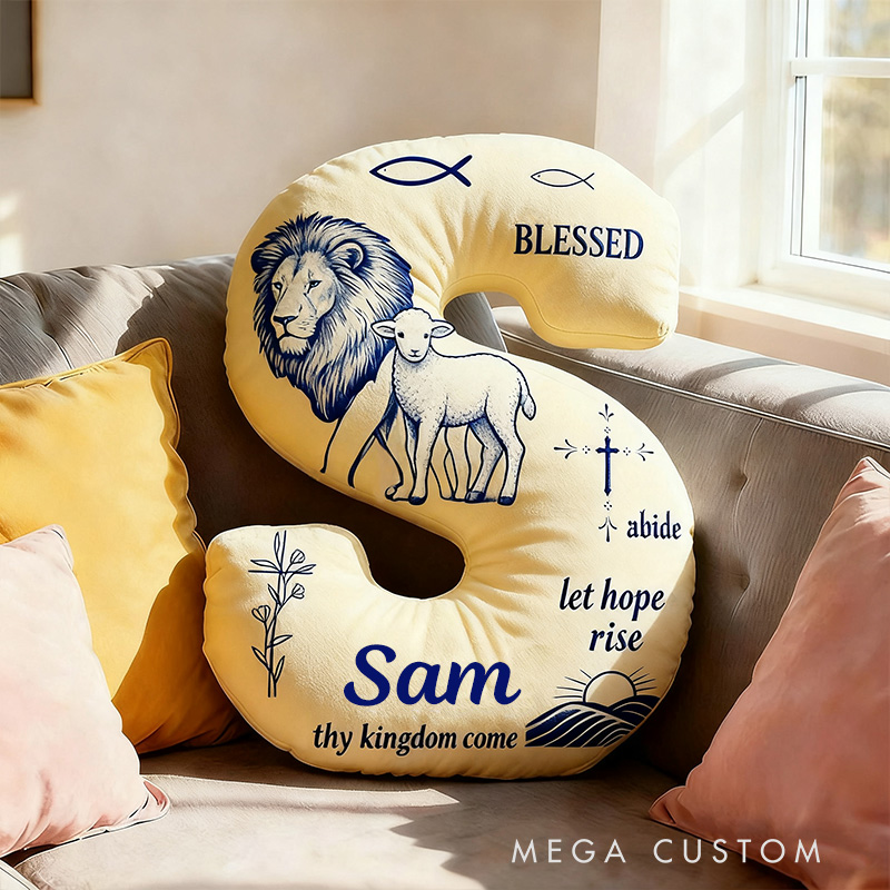 Personalized Lion and Lamb Blessed Letter Pillow with Custom Name Home Decor Fish Cross Olive Branch Pillow Religious Christian Gift