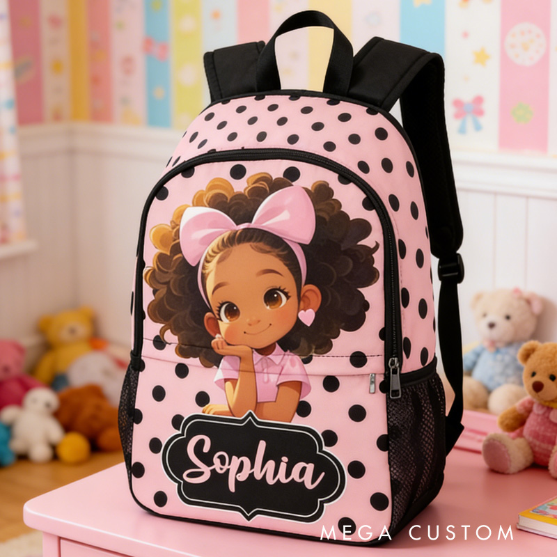 Personalized Adorable Cartoon Girl Theme Custom Name Black Bow Blue Background Kids Backpack