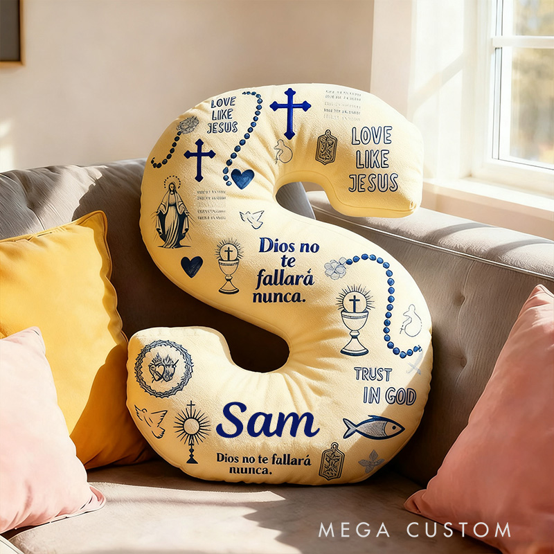 Personalized God will Never Fail You Letter Pillow with Custom Name Home Decor Virgin Mary Cross Chalic Dove and Fish Pillow Religious Gift for Her