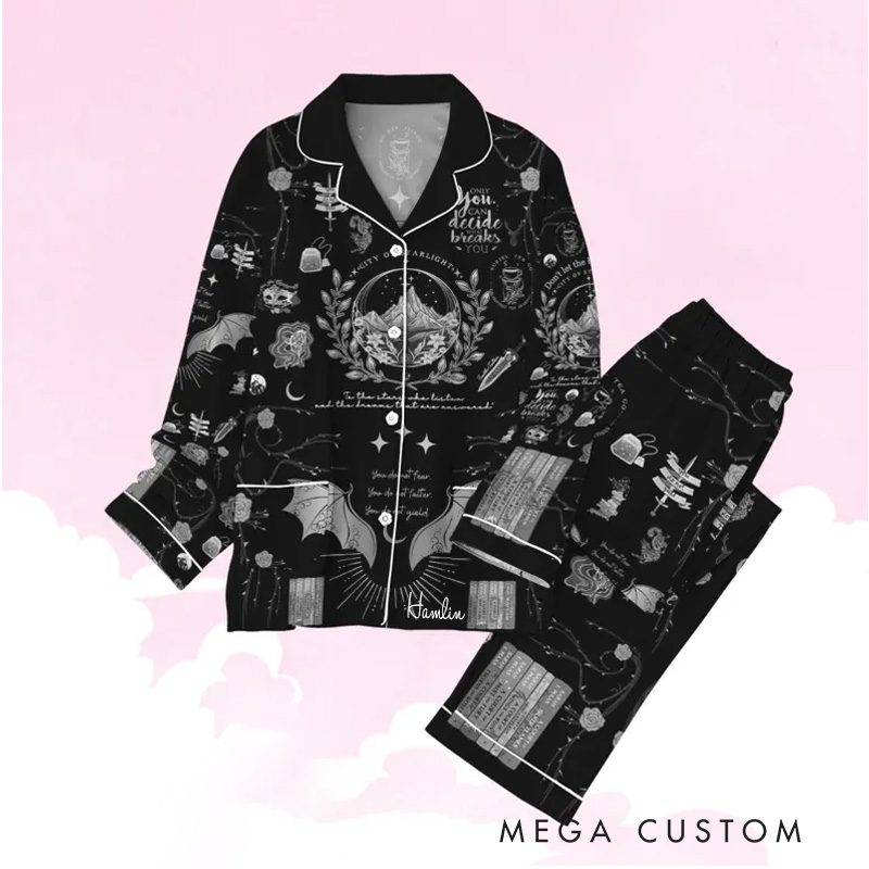 Personalized Dragon and Book Pajamas Custom Fantasy Book Lover Pajamas Set for Women Bookish Bookworm Reader