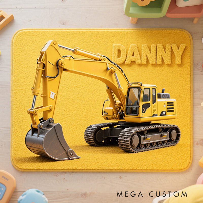 Personalized Fun Construction Theme Custom Name Heavy Equipment Vehicle Design Carpet Rug for Kids